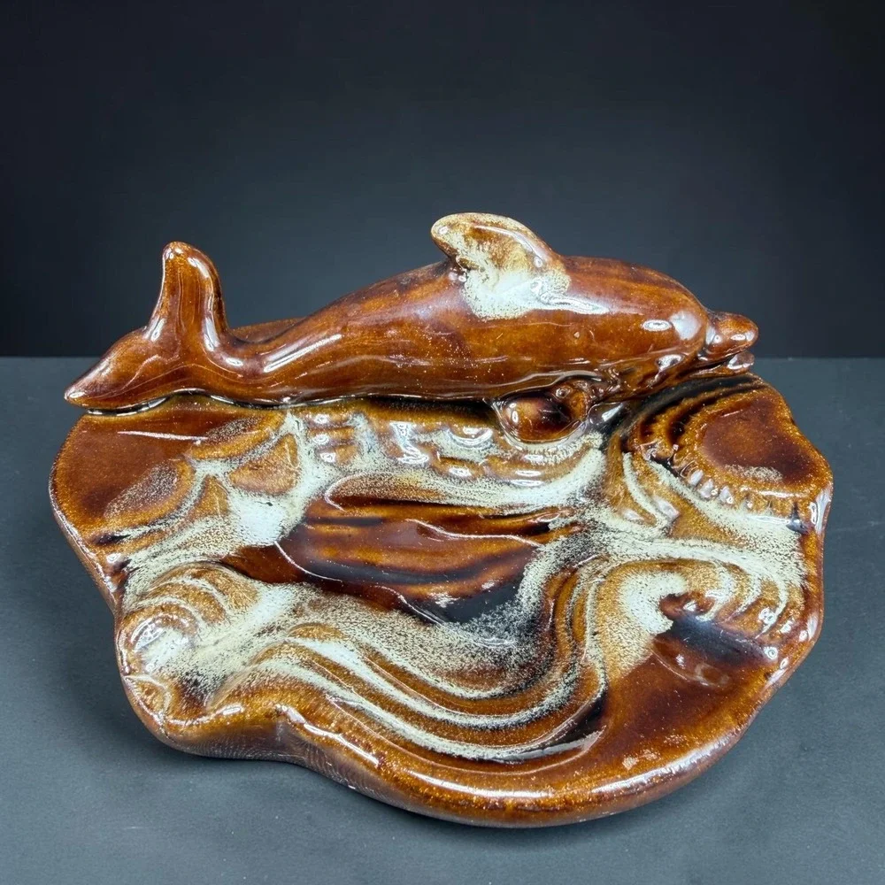 Vintage Ceramic Dolphin Figurine Drip Glaze Brown Tan Coastal Art Pottery 5in